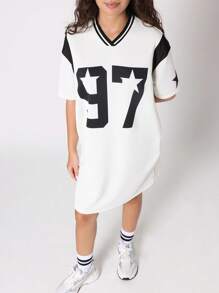 SUMWON Varsity Sports T Shirt Dress Star Number Casual Streetwear Oversize Jersey Basketball Baseball College Team Dress - White - View 1