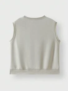 JNSQ 返校户外休闲运动连帽衫和背心，儿童圆领套头衫趣味字母印花户外休闲运动运动衫 - 卡其色 - 查看 6