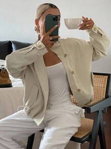 DAZY 女士休闲实用风格立领宽松短款街头风衣女夹克，秋季女装 - 卡其色 - 查看 7