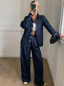 DAZY 女式宽松翻领长袖牛仔衬衫和宽松休闲裤两件套，休闲男女通用牛仔装 - 深色水洗藍 - 查看 2