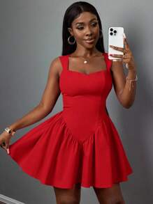 Slaydiva 2025 新款春夏大码女式复古西部/热带/音乐节/俱乐部/公路旅行//休闲/城市休闲/毕业约会/优雅度假/公主风格度假连衣裙，紫红色心形领口拼接甜心领口荷叶边下摆 A 字迷你连衣裙 - 紅色 - 查看 5