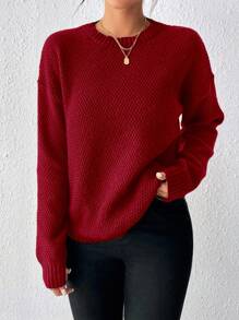 EMERY ROSE 女士纯色圆领落肩长袖休闲宽松套头衫针织套头衫秋冬