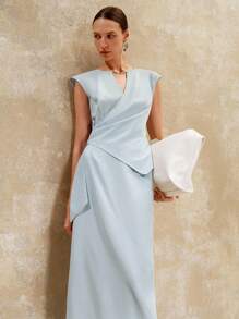 EMERY ROSE Conjunto de dos piezas elegante y casual de estilo "Old Money" para mujer, con top sin mangas de diseño plisado y falda asimétrica, en color azul cielo. Atuendo para mujer, maestras y negocios casuales. - Azul - Ver 9