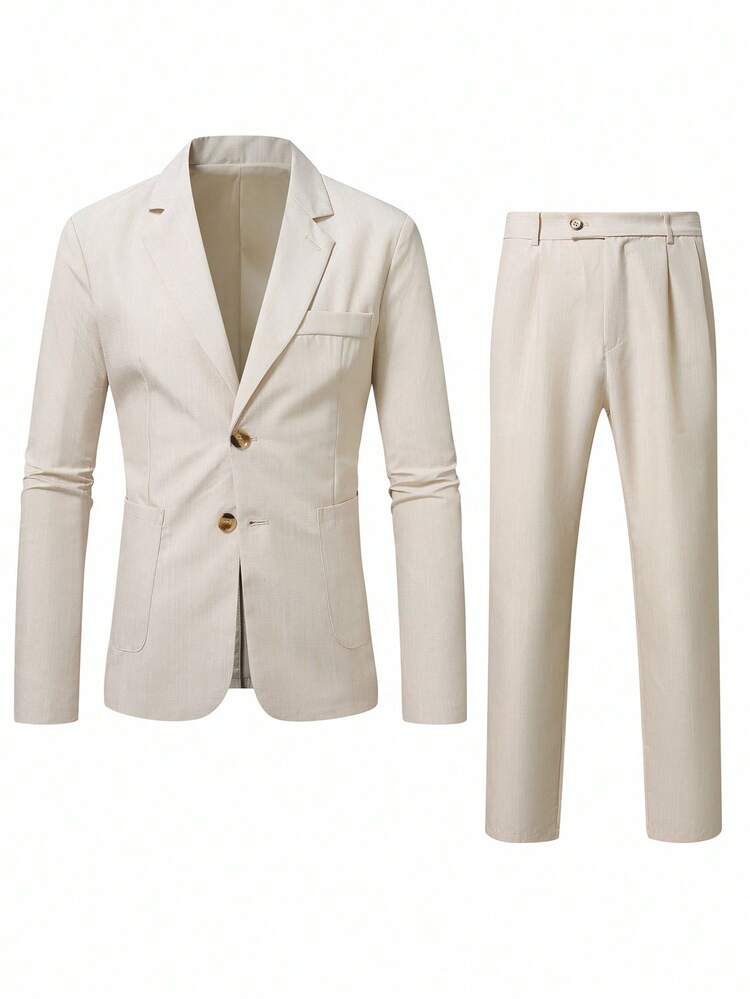 Manfinity Bizformal 2pcs Men's Casual Commuter Simple Solid Color Long Sleeve Top And Pants Set - Apricot - View 3