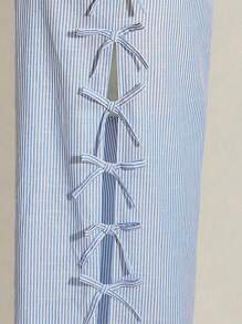 SHEIN ICON 大码蓝白休闲低腰侧系蝴蝶结条纹阔腿裤，适合日常穿着、毕业季、返校季、暑假、秋夏季