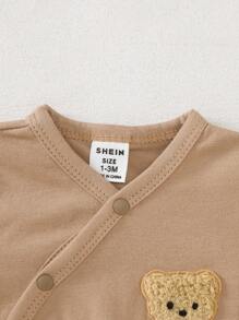 SHEIN 3件套新生男宝宝秋季休闲纯色长袖T恤，可爱小熊卡通连体衣套装，秋冬款 - 彩色 - 查看 5