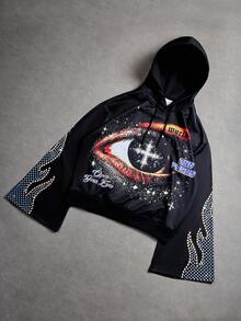 Manfinity EMRG Áo hoodie tay loe cỡ lớn họa tiết mắt cổ điển, áo hoodie chui đầu màu đen - màu đen - Xem 1