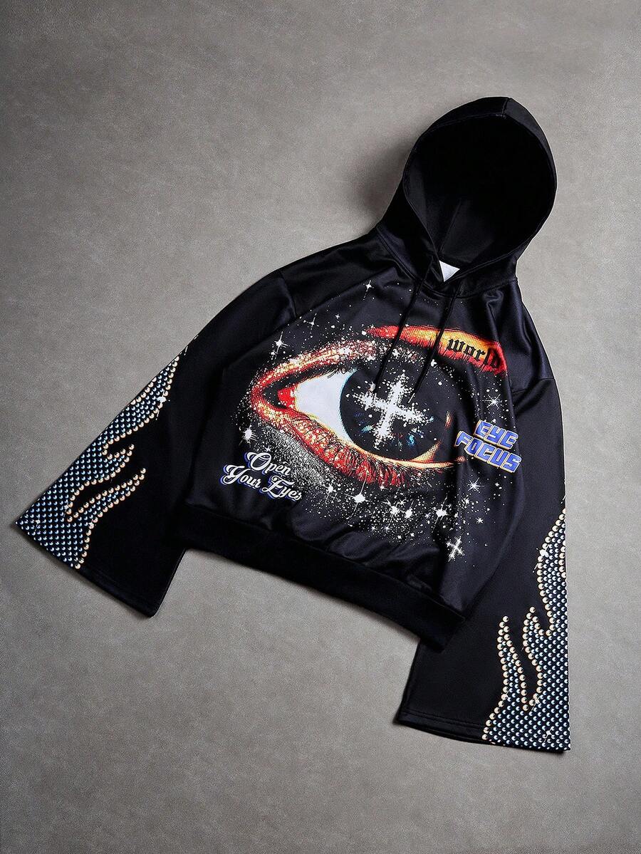 Manfinity EMRG Áo hoodie tay loe cỡ lớn họa tiết mắt cổ điển, áo hoodie chui đầu màu đen - màu đen - Xem 1