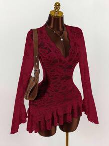 Amplova Deep V Neck Burgundy Mini Dress With All Over Lace And Long Flare Sleeves,Party Dress