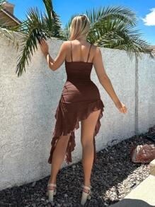 SHEIN ICON 纯色褶皱荷叶边下摆性感细肩带连衣裙，夏季 - 棕色 - 查看 5