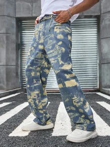 Manfinity EMRG Jeans rectos de pierna ancha con estampado amarillo, de corte casual para hombre, para primavera/verano - Azul - Ver 1