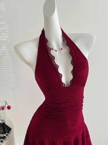 Sweetra 女士露背蕾丝拼接酒红色性感优雅连衣裙