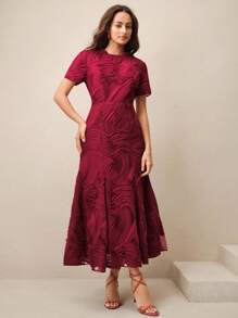 Anewsta Váy ngắn cổ tròn họa tiết hoa xếp nếp viền bèo nhún cho kỳ nghỉ ở bãi biển & ngày lễ tình nhân - Màu Đỏ Sâu - Xem 3