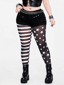 Whyspr Quần legging lưới co giãn họa tiết sọc ngôi sao phong cách Punk tương phản thời trang - Đen và trắng - Xem 4