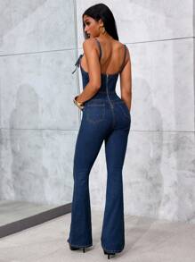 SHEIN Tall 高个女式纯色细肩带紧身系带水洗牛仔连体裤，Y2K 风格蓝色牛仔紧身连体裤 - 深色水洗藍 - 查看 2