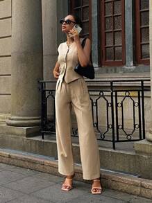 DAZY Completo da donna 2 pezzi, gilet e pantaloni in stile minimalista - Cachi - Visualizzare 5