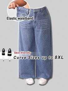 SHEIN CURVE+ Oversized Blue Jeans High Waist Straight Pants Exquisite Jacquard Denim Material Autumn Casual Wear Going Out Outfits - Medium Wash - View 1