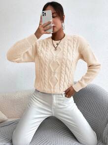Chiquease Suéter de punto de cable con hombros caídos, parte superior de manga larga de punto, suéter de punto de otoño e invierno - Beis - Ver 5