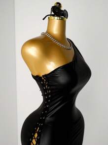 Mistrie Women's Sexy Nightclub Party PU Leather Side Lace-Up Bodycon Mini Dress - Black - View 5