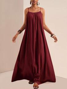 Slaydiva Đầm maxi không tay màu trơn cỡ lớn, đầm maxi dài kiểu dáng thường ngày cho kỳ nghỉ, đầm maxi mùa hè, đầm maxi màu đỏ đô, đầm maxi màu đỏ sẫm, đầm maxi màu nâu đỏ, đầm maxi mùa hè. - Màu Đỏ Sâu - Xem 3