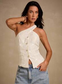 Glamine 女式纹理亮片编织无袖单排扣休闲办公室通勤百搭夏季上衣 - 杏色 - 查看 4