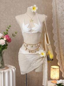 SHEIN Swim 2pcs/Set Women's Fashion Solid Color Beach Starfish Style Spaghetti Strap Backless Sexy Bikini Set For Summer Beach Vacation - White - View 1