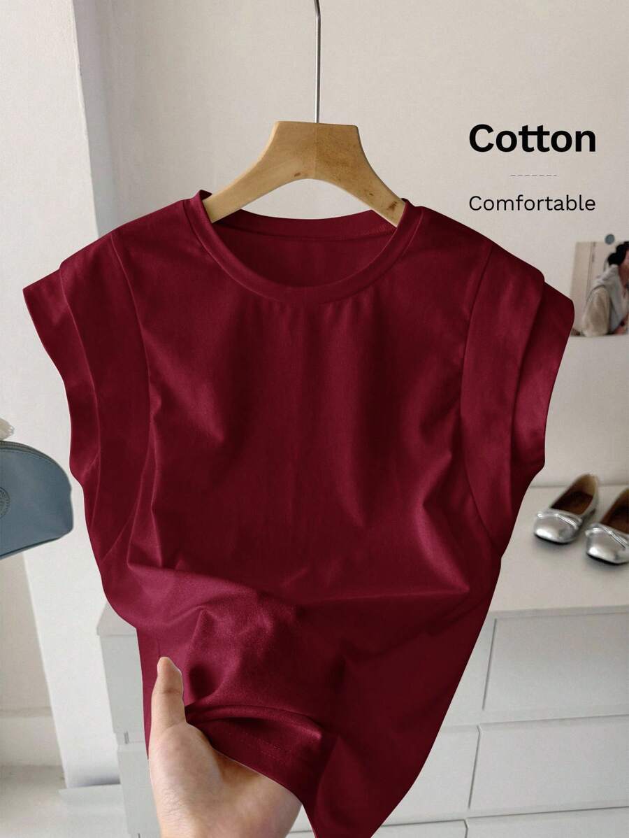 SHEIN LUNE Casual Red Polyester T-Shirt With Round Neck And Batwing Short Sleeves Cotton Tops Maroon Tops Wine Red Top Solid Color Tops - Red - View 1