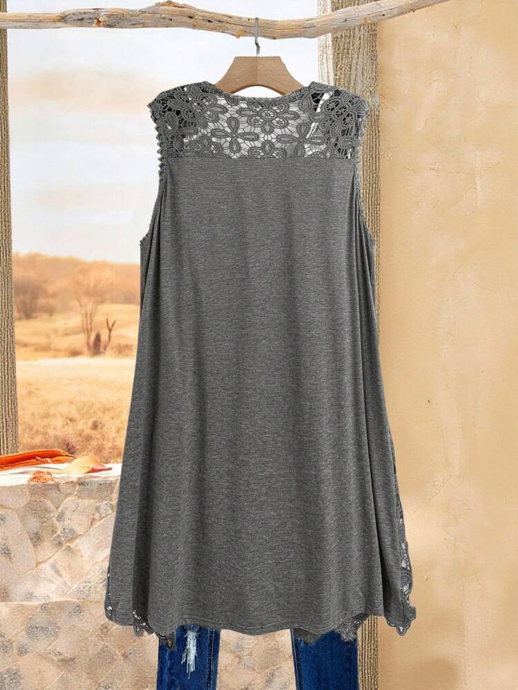 Plus Size Sleeveless Gray Lace And Water-Soluble Lace Stitching Regular Open Vest (No White Camisole) Cardigan Country Vacation Bohemian Casual Suitable For Spring And Summer ,