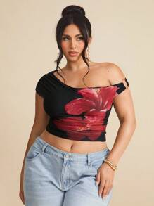 SHEIN BAE 全新夏季海滩度假加大码女式纹理刺绣不对称领口褶皱弹力针织上衣，可爱夏季上衣，波西米亚风，Vcay，假日，黑色上衣，外出西部装 - 黑色 - 查看 3