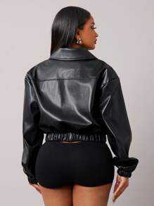 Radiana 女式机车 PU 皮夹克，宽松高端黑色复古外套，独特风格春秋季休闲上衣 - 黑色 - 查看 2