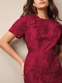 Anewsta Váy ngắn cổ tròn họa tiết hoa xếp nếp viền bèo nhún cho kỳ nghỉ ở bãi biển & ngày lễ tình nhân - Màu Đỏ Sâu - Xem 5