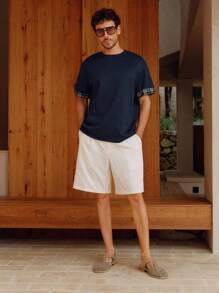 Manfinity BRENVOR 男士春夏欧式时尚格纹拼接双层面料撞色休闲圆领藏青色短袖T恤 - 藏蓝色 - 查看 4