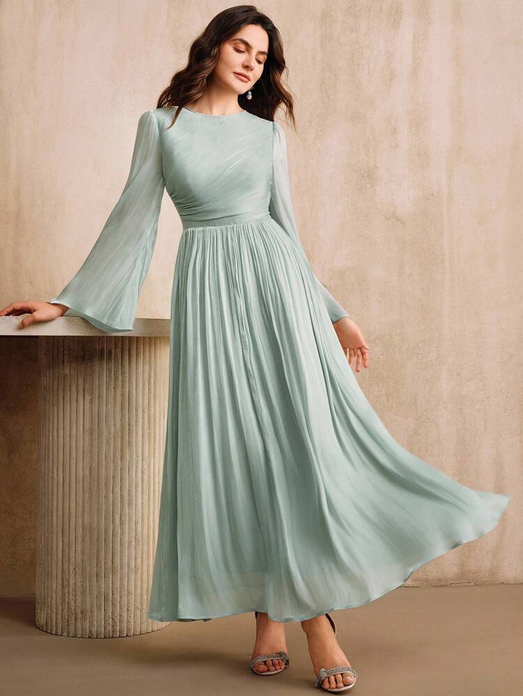 Anewsta Essential Women's Long Sleeve Elegant Versatile Commuter Waist Flared Sleeve Spring/Autumn Dress
