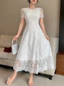 DAZY Elegant Lace Round Neck Puff Sleeve Midi Dress For Women - White - View 5