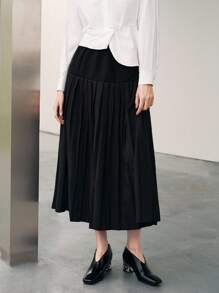 Uhlyne 绿色女士休闲高腰百褶直筒裙 - 黑色 - 查看 4