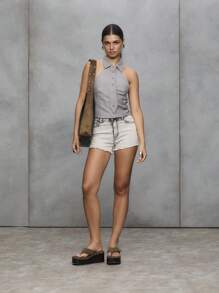 TypaGal Button-Up Tie Top,Gray Summer Chic Halter Top With Collar,Punk Tailoring 2000s Streetwear,Structured Rebellion Night Out Club Style For Women - Light Grey - View 4