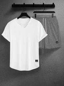 Manfinity Homme 男士字母图案V领短袖T恤抽绳腰短裤休闲西装男夏季衣服男士休闲套装男灰白套装男夏季短裤套装 - 彩色 - 查看 6