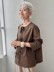 FRIFUL 女式棉麻混纺宽松蝴蝶结前抽绳休闲长袖衬衫上衣，秋季棕色衬衫女式棕色系带前衬衫大地色衬衫女式棕色衬衫棕色上衣 - 棕色 - 查看 4