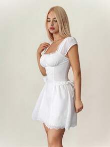 Sweetina Vestido mini con decoración de lazo bordado hidrosoluble - Blanco - Ver 5