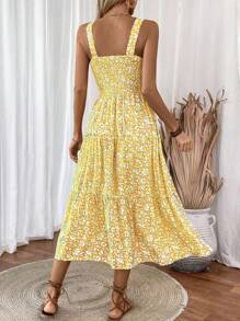 Breezaya 女士休闲碎花细肩带连衣裙，适合度假穿着 - 黃色 - 查看 2