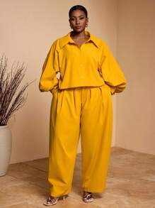 Veslaya 2025 春夏新款非洲波西米亚教师装大码/秋季女装/婚礼嘉宾/商务休闲女装/纽扣衬衫女装/音乐节休闲度假优雅海岛度假派对装通勤日常穿着纯黄色亚麻大码袖短款衬衫和松紧腰中长裤两件套大码女装 - 黃色 - 查看 4