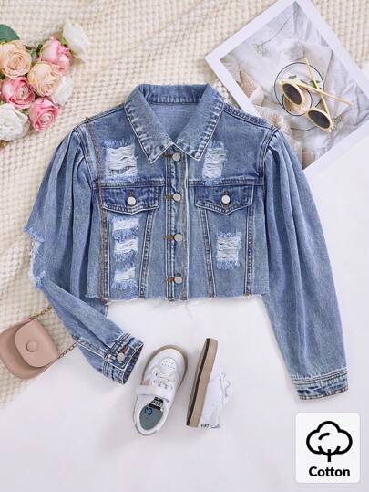 Tween Girl Y2K New Distressed Denim Jacket, Comfortable Washed Appearance, Puff Sleeves Suitable For Casual Wear And Fashionable