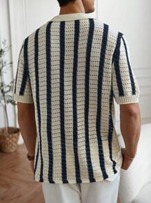 Manfinity CityGents Plus Size Men Striped Short Sleeve Single-Breasted Hollow Out Knit Top, Suitable For Spring/Summer, Daily Wear, Vacation, Wedding, Couple Matching Knit Shirt Knitted Shirts For Crochet Shirt Men's Knit Shirts Knitted Shirt Men