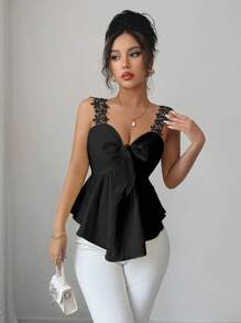 Elenzga Mùa mới Hàng mới về Vải có họa tiết Phong cách Pháp tối giản Dây thắt nơ Áo không tay mùa xuân và mùa hè - màu đen - Xem 6