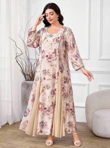 Al Najma Plus Size Women Floral Print Round Neck Elegant Long Sleeve Arabic Dress - Apricot - View 7