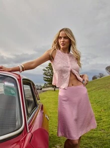 Aralina Winter/ Fall Picot Trim On Waistband A Line Flowy Cute Midi Skirt Perfect For Homecoming Graduation - Hot Pink - View 4