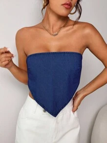 SHEIN Frenchy Women's Blue Backless Tube Denim Top, Front Short Back Long Denim Strap Tube Top Summer Vacation - Dark Wash - View 6