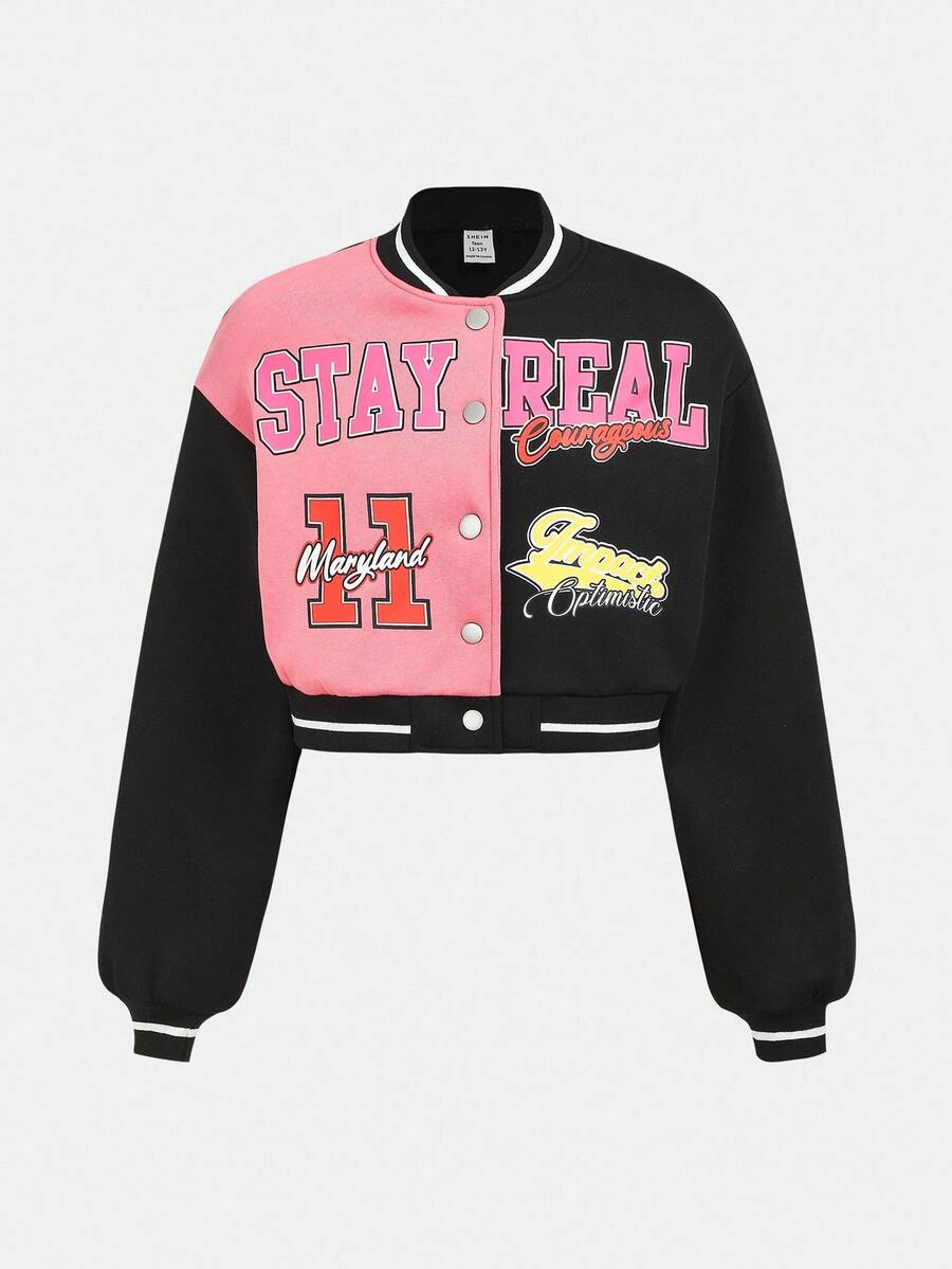 SHEIN Áo khoác lửng dệt kim in khối màu cho bé gái tuổi teen có lót nhiệt - Hồng - Xem 1