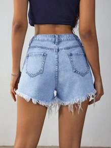 SHEIN Essnce Denim Distressed Shorts, Fashion For Summer - Light Wash - View 2