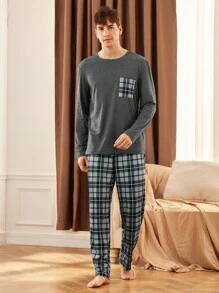 SHEIN Men's Patchwork Pocket Long Sleeve Top And Plaid Long Pants Pajama Set, Fall Winter Clothes - Grey - View 6